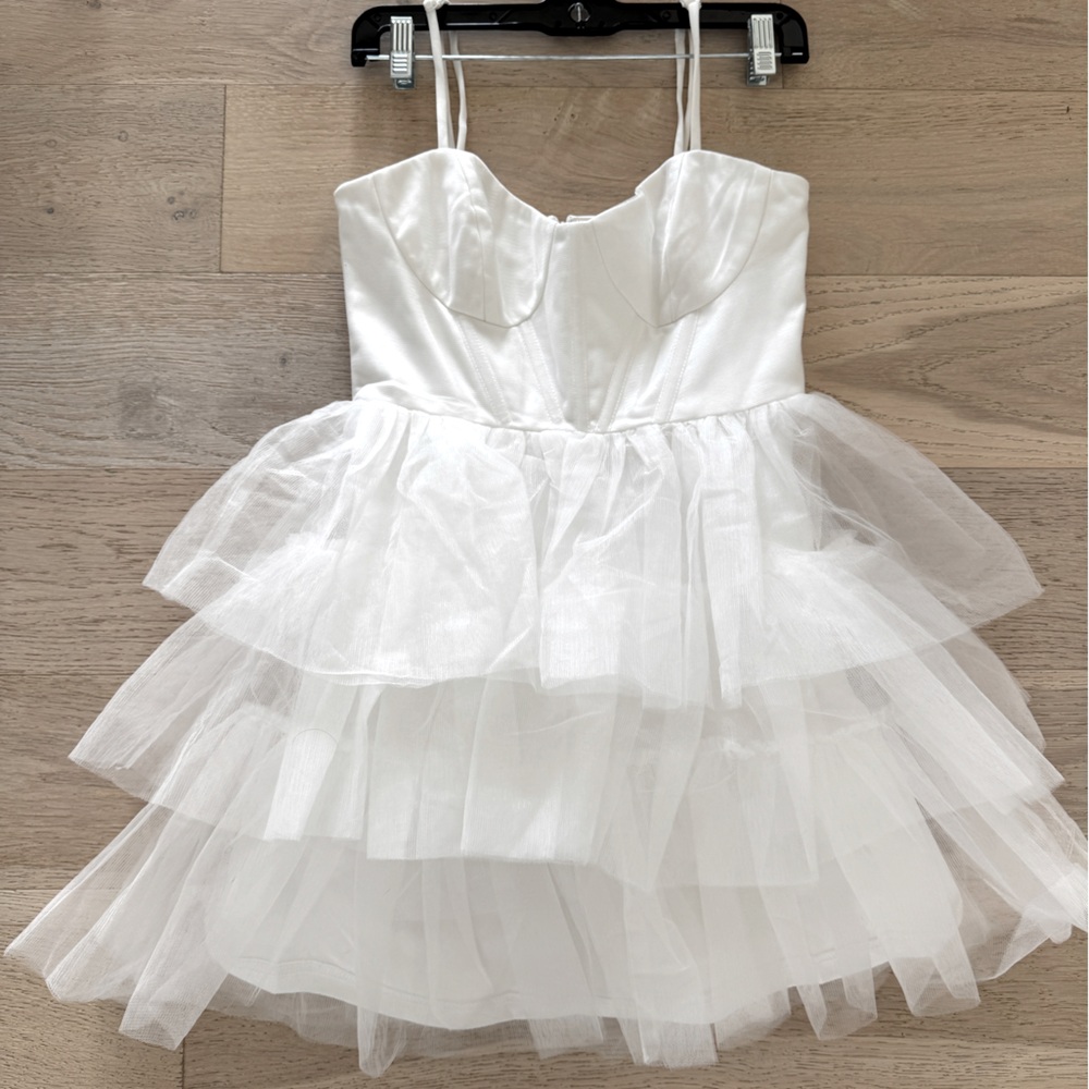 Lulus “Rule the Runway” White Tulle Tiered Mini Dress